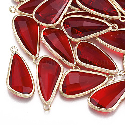 Glass Pendants, with Brass Findings, Faceted, teardrop, Golden, Red, 28.5x14x6mm, Hole: 1.5mm