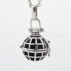 Antique Silver Tone Grid Brass Cage Pendants, Chime Ball Pendants, with Brass Spray Painted Bell Beads, Black, 25x23x19mm, Hole: 3x5mm