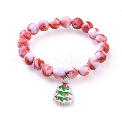 Stretch Charm Bracelets, with Acrylic Beads and Alloy Enamel Pendant, for Christmas, Christmas Tree, Platinum, Red, 1-7/8 inch~2 inch(4.8~5.2cm)