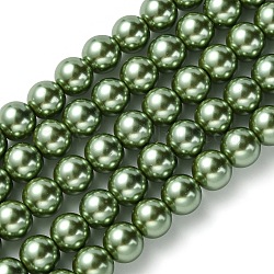 Fili di perle rotonde di perle di vetro tinto ecologico, cavetto in cotone filettato, verde oliva scuro, 8mm, Foro: 0.7~1.1 mm, circa 52pcs/filo, 15 pollice