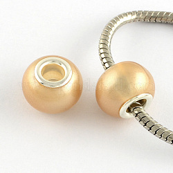 Spray Painted Glass European Beads, with Brass Silver Color Plated Cores, Large Hole Beads, Rondelle, Wheat, 15x12mm, Hole: 5mm