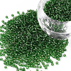 11/0 grado a cuentas de semillas de vidrio transparente, plata forrada agujero redondo, redondo, verde, 2x1.5mm, agujero: 0.3 mm, aproximamente 3000 unidades / 50 g