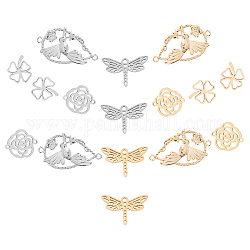 SUNNYCLUE 16Pcs 4 Style 201 Stainless Steel Filigree Joiners Links, Laser Cut, Dragonfly & Clovers & Teardrop & Flower, Golden & Stainless Steel Color, 13.5x20x1mm