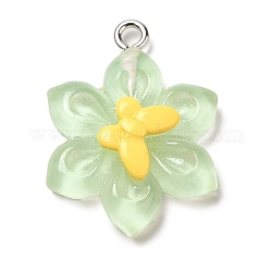 Translucent Resin Pendants, Sunflower Charms with Platinum Plated Iron Loops, Light Green, 25x18.5x6mm, Hole: 2mm