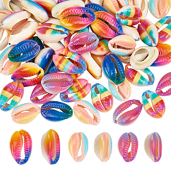 Nbeads 60Pcs 6 Colors Printed Natural Cowrie Shell Beads, No Hole/Undrilled, Rainbow Style, Mixed Color, 18~21x12~15x7mm, 10pcs/color