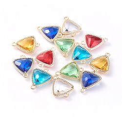 Glass Links connectors, with Eco-Friendly Alloy Open Back Berzel Findings, Faceted, Triangle, Light Gold, Mixed Color, 16x12x4.5mm, Hole: 1.2mm