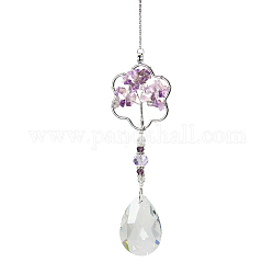 K9 Crystal Glass Big Pendant Decorations, Hanging Sun Catchers, with Amethyst Chip Beads, Flower with Tree of Life, Indigo, 392x46mm