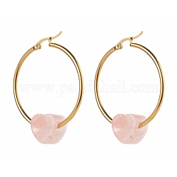 Coeur naturel perles de quartz rose boucles d'oreilles pour fille femmes, grande créole en 304 acier inoxydable, or, 49x39.5mm, pin: 0.8 mm