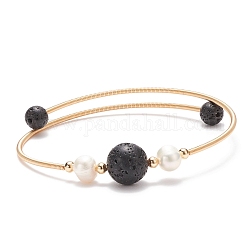 Bracciale rigido con perline rotonde in pietra lavica e perle naturali, braccialetto di coppia in ottone per le donne, oro, diametro interno: 2-1/4 pollice (5.6 cm)