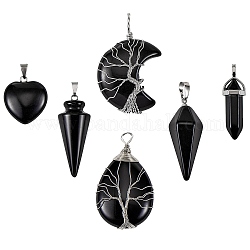 6pcs 6 pendentifs en obsidienne naturelle et agate noire, avec recherche de ton platine, formes mixtes, 22~55x15~31mm, 1 pièces / style