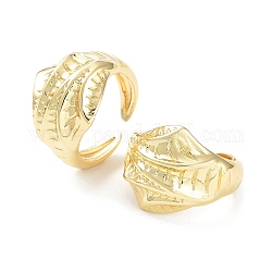 Brass Open Cuff Rings for Women, Grooved Leaf, Real 18K Gold Plated, Inner Diameter: 17mm