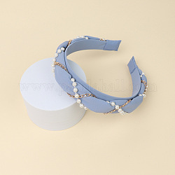 Cintas para el pelo de tela, con perlas de plástico y cadenas de aleación, accesorios para el cabello para mujeres niñas, azul acero claro, 30mm, diámetro interior: 140x160 mm