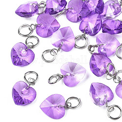 Breloques en verre transparent à facettes, avec anneau de saut en fer, cœur, support violet, 13~14x10x5~6mm, Trou: 4mm
