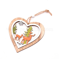 Ornements en bois, avec de la ficelle de jute, pour la décoration de la maison de cadeau de fête, forme de coeur avec motif renne / cerf de Noël élan, burlywood, 20 cm