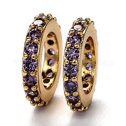 Brass Micro Pave Cubic Zirconia European Beads, Long-Lasting Plated, Real 18K Gold Plated, Large Hole Beads, Ring, Medium Purple, 10x1.8mm, Hole: 6mm