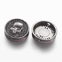 Perles de zircone cubique micro pave en Laiton, plat rond avec motif de crâne, noir, gunmetal, 14.5x4.3mm, Trou: 1.7mm