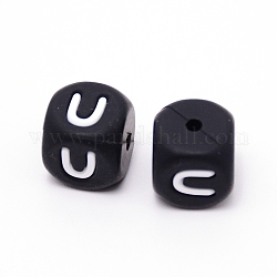Perles de silicone, cube avec letter.u, noir, 12x12x12mm, Trou: 2mm