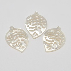 Natural Mother of Pearl Shell Pendants, Leaf, White, 24~25x17~18x1.5mm, Hole: 1mm
