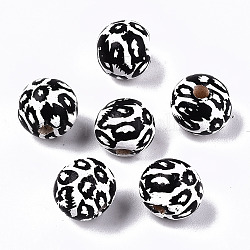 Perles en bois naturel imprimées, rond avec motif vache, noir, 10x9mm, Trou: 2.5mm
