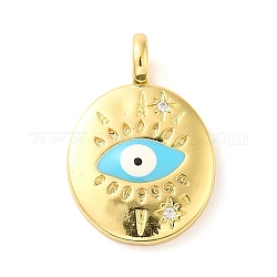 Real 18K Gold Plated Brass Clear Cubic Zirconia Pendants, with Enamel, Flat Round with Evil Eye, Deep Sky Blue, 25x17x6.5mm, Hole: 3.8mm