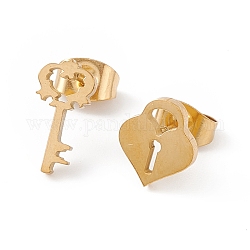 304 Stainless Steel Padlock and Skeleton Key Asymmetrical Earrings, Stud Earrings for Women, Golden, 12x6mm, 9.5x8mm, Pin: 0.7mm