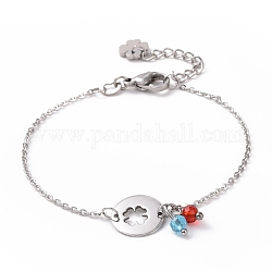 304 Stainless Steel Clover Link Bracelet with Glass Beads Charms for Women, Stainless Steel Color, 6-3/4 inch(17cm)
