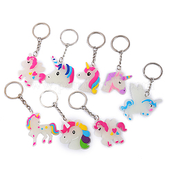 Luminous PVC Plastic Keychain, with Iron Key Ring, Glow In The Dark, Unicorn, Mixed Color, 4.5x4cm