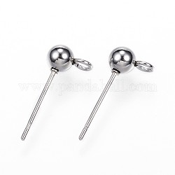 304 Stainless Steel Ball Stud Earring Findings, with Loop, Stainless Steel Color, 15x7x4mm, Hole: 1.7mm, Pin: 0.8mm