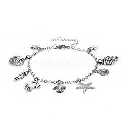 Brass Charm Anklets, with Alloy Charms and Stainless Steel Findings, Ocean Theme, Mixed Color, 9-1/4 inch(23.5cm), 0.8~2.8mm