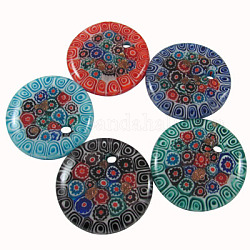 Handmade Millefiori Glass Pendants, with Gold Sand, Flat Round, Mixed Color, 46x8mm, Hole: 5mm