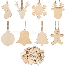 8 borsa 8 ornamenti di ritagli di legno naturale incompiuto stile 1, con corda di canapa, per la decorazione della casa del regalo della festa a tema di natale, Burlywood, {1} borsa / stile