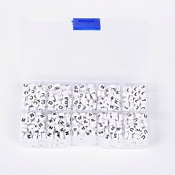 1 boîte lettre acrylique perles, trou horizontal, plat rond, lettre l / g / h / s / c / d / m / n / p / u, blanc, 7x4mm, Trou: 1mm, environ 62pcs / compartiment, 620 pcs / boîte