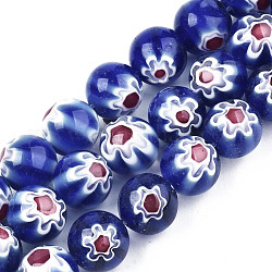 Chapelets de perles en verre de millefiori manuelles, ronde, bleu, 10mm, Trou: 1.2mm, Environ 36~38 pcs/chapelet, 13.78 pouce ~ 14.88 pouces (35 cm ~ 37.8 cm)
