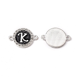 Alloy Enamel Links Connectors, with Crystal Rhinestones, Flat Round with Letter, Silver Color Plated, Letter.K, 22x16x2mm, Hole: 1.8mm