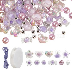 1 sachet 480pcs perles acryliques violettes transparentes/imitation perle, 1 rouleau de fil de cristal élastique, Cordon élastique, pour les kits de fabrication de bracelets de bricolage, violet, perles: 480pcs