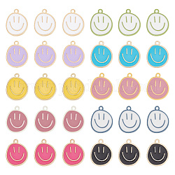 Arricraft 60 pièces 10 styles pendentifs en alliage, plat rond avec breloque motif visage souriant, couleur mixte, 24.5~25x20x1.5mm, Trou: 2mm, 6 pièces / style