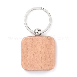 Porte-clés en bois naturel, avec porte-clés fendus en fer plaqué platine, carrée, burlywood, 7.5 cm, carré: 48.5x39.5x7 mm