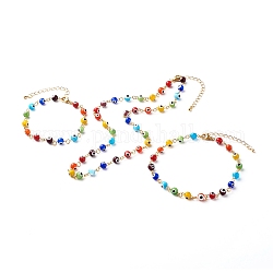 Collier pendentif chaîne en laiton & bracelets & bracelets de cheville ensembles de bijoux, avec perles au chalumeau mauvais œil et accessoires en 304 acier inoxydable, avec rallonge de chaîne en laiton, colorées, 455mm, 190mm, 250mm