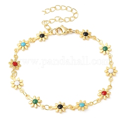 Pulsera de cadena con eslabones de flores esmaltadas de colores, joyas de latón para mujer, real 24k chapado en oro, 7 pulgada (17.8 cm)