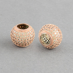 Rondelle Brass Micro Pave Cubic Zirconia European Beads, Large Hole Beads, Rose Gold, 9.5x7.5mm, Hole: 4.5mm