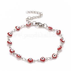Coeur en émail avec bracelet chaînes à maillons mauvais œil, 304 bijoux en acier inoxydable pour femme, couleur inoxydable, rouge, 6-3/4 pouce (17.1 cm)