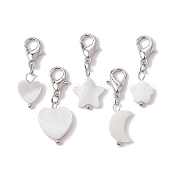 Natural Freshwater Shell Pendants Decorations, with Alloy Lobster Claw Clasps, Heart/Star/Moon/Flower, Platinum, 26~29mm