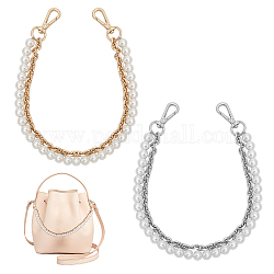 CHGCRAFT 2Pcs 2 Colors Plastic Imitation Pearl Beaded Double Strand Bag Handles, with Iron Cable Chain & Swivel Clasp, Platinum & Golden, 410~412x7mm, 1pc/color