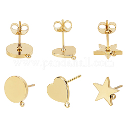Unicraftale 304 Stainless Steel Stud Earring Findings, with Loop, Curved, Heart & Star & Flat Round, Golden, 6pcs/box