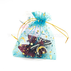 Sacchetti regalo con cordoncino in organza rettangolare con stampa a caldo, borse portaoggetti con stampa luna e stelle, medio turchese, 9x7cm