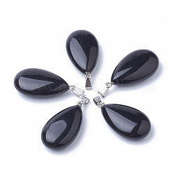 Pendenti naturali di pietra nera, con accessori in lega, lacrima, platino, 45~46x23~24x11~12mm, Foro: 8x4 mm