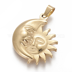 304 Stainless Steel Pendants, Sun with Moon, Golden, 32x26x3mm, Hole: 4x6mm
