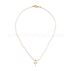 Cross Brass Pendant Necklaces, with Natural Cultured Freshwater Pearl Beads and 304 Stainless Steel Lobster Claw Clasps, Golden, 15.35 inch(39cm)