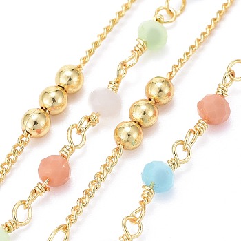 Handmade Brass Curb Chains, with Faceted Glass Links, Brass Beads and Spool, Soldered, Long-Lasting Plated, Real 18K Gold Plated, Colorful, 1.7x1.3x0.4mm, Beads: 3.5x2.5~3mm and 3mm, about 32.8 Feet(10m)/roll
