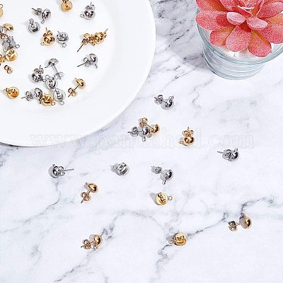 40pcs(20pairs) Stainless Steel Stud Earring Half Round Earrings Posts with Loop 0.8mm Pin Golden & Stainless Steel Color Earring Studs for Jewelry